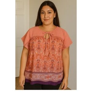 The Farmers Market by Oneworld Blouse Top Floral Coral Eyelet split neck Large